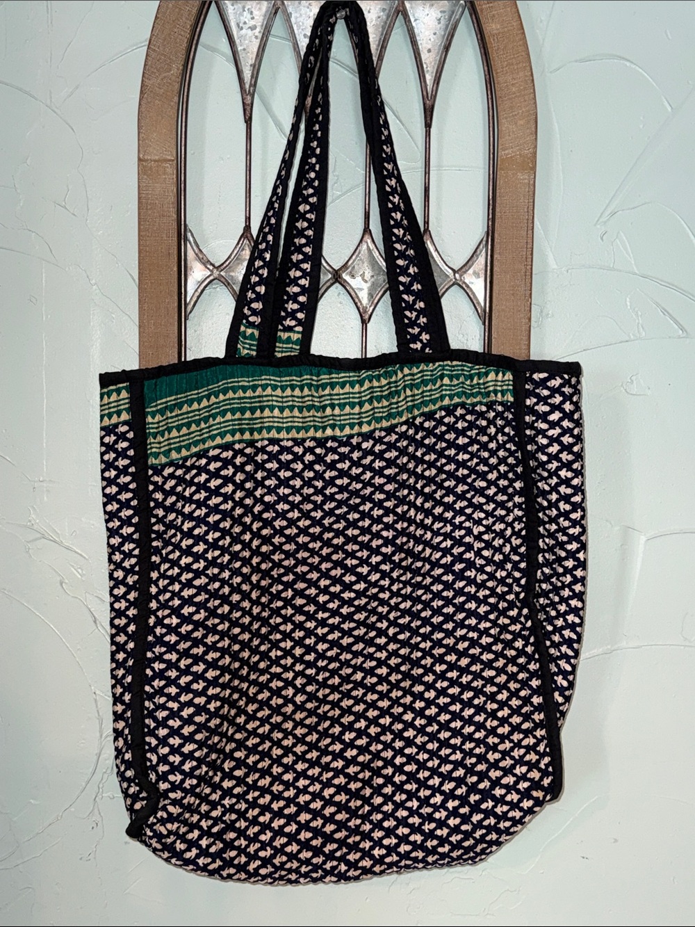 Patterned Navy and Green Indian patchwork Tote Bag